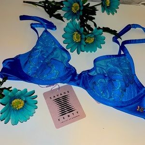 Rihanna’s Savage X Fenty Wildflower Blue Plunge half cup Bra w/mesh & lace trim